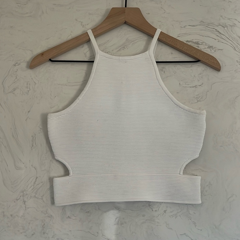 BEBE White High Neck Cut Out Crop.